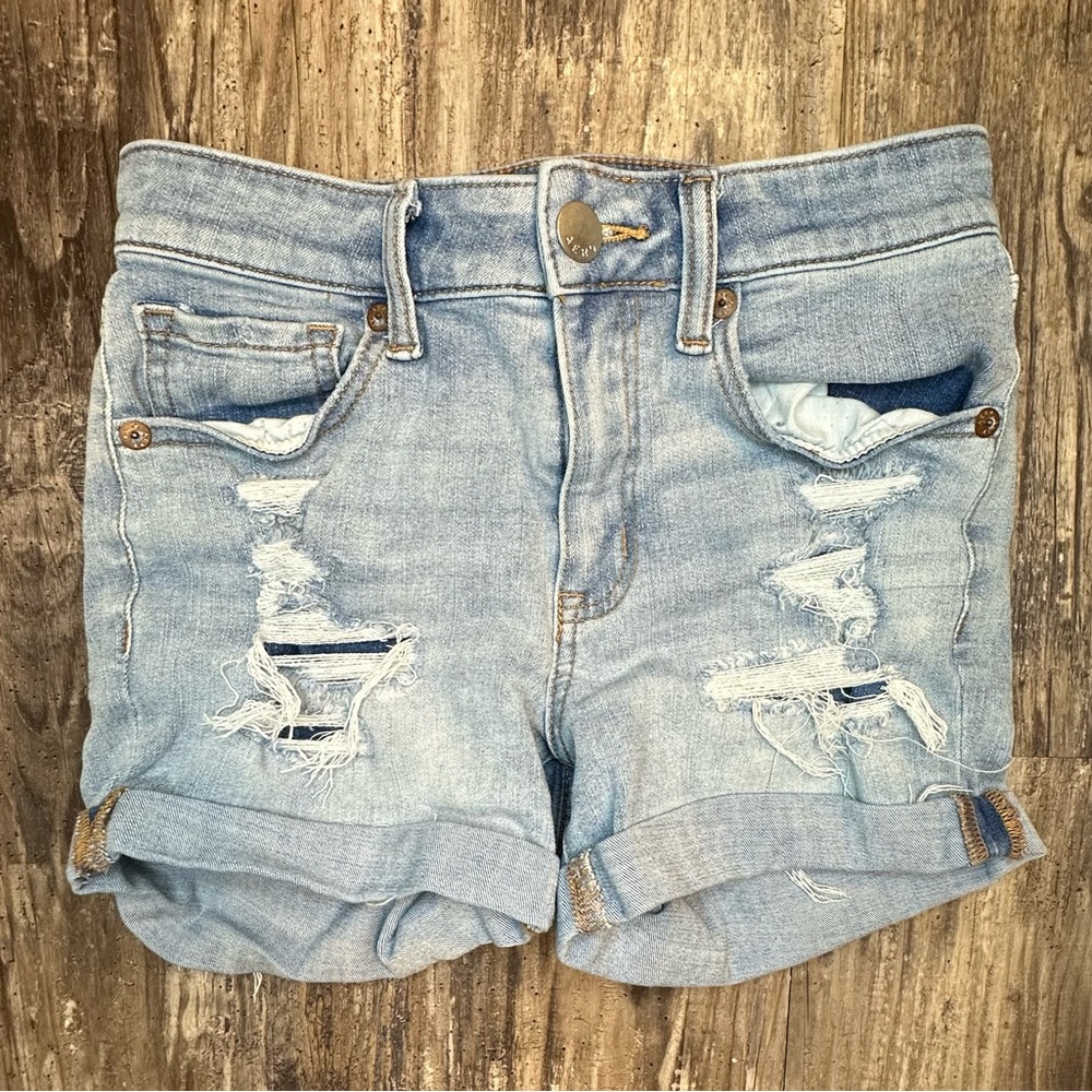 Aeropostale high rise midi light wash blue denim jean shorts women’s 2 inseam 3”